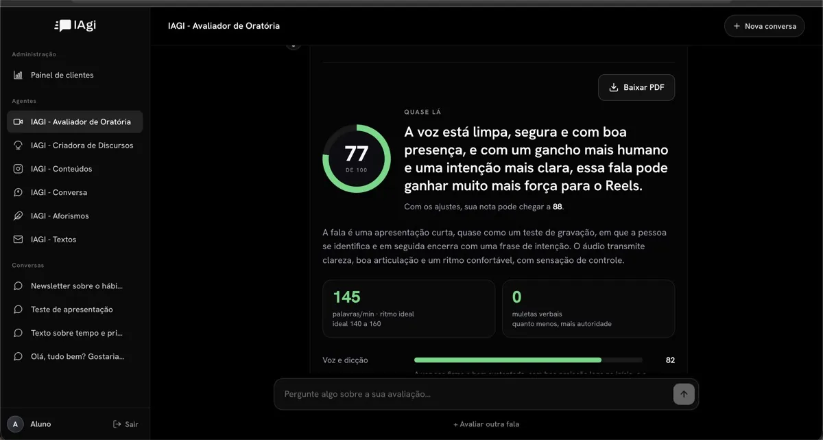 Tela da plataforma IAgi em funcionamento